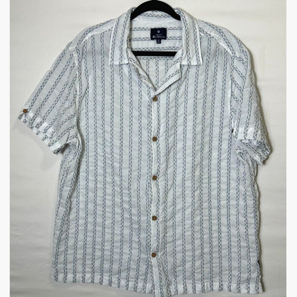 Ben Sherman Blue Short Sleeve Vertical Stripe Textured Finish Button Down SZ XL